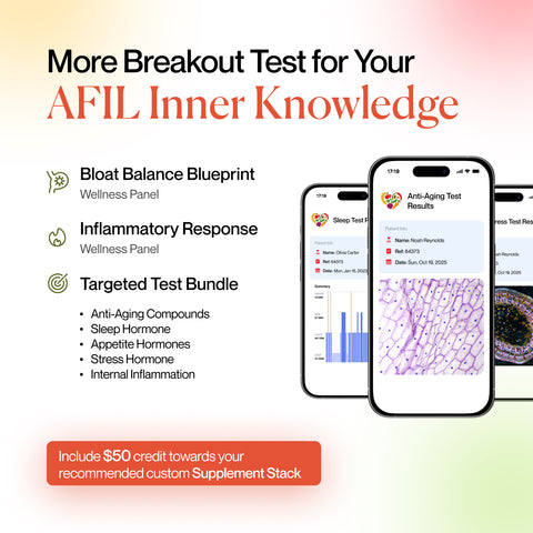 Advertisement for a wellness panel with smartphone screens displaying test results on a gradient background.