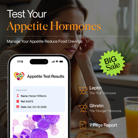 Advertisement for an appetite hormone test app with a smartphone displaying test results.