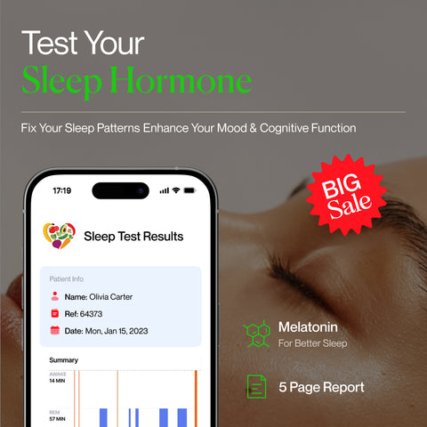 Phone displaying sleep test results with a sale promotion on a dark background