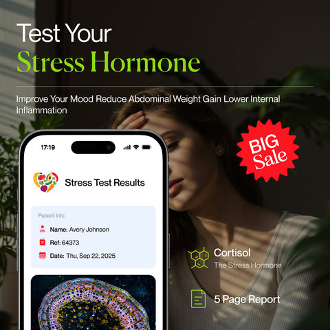 Stress hormone test app with results displayed on a smartphone, featuring a woman with stress relief text.