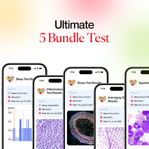 Multiple smartphone screens displaying health test results with a gradient background and 'Ultimate 5 Bundle Test' text.